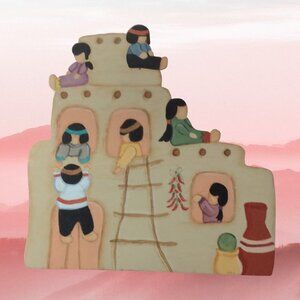 Native American Pueblo Painted Scene on Wooden Block